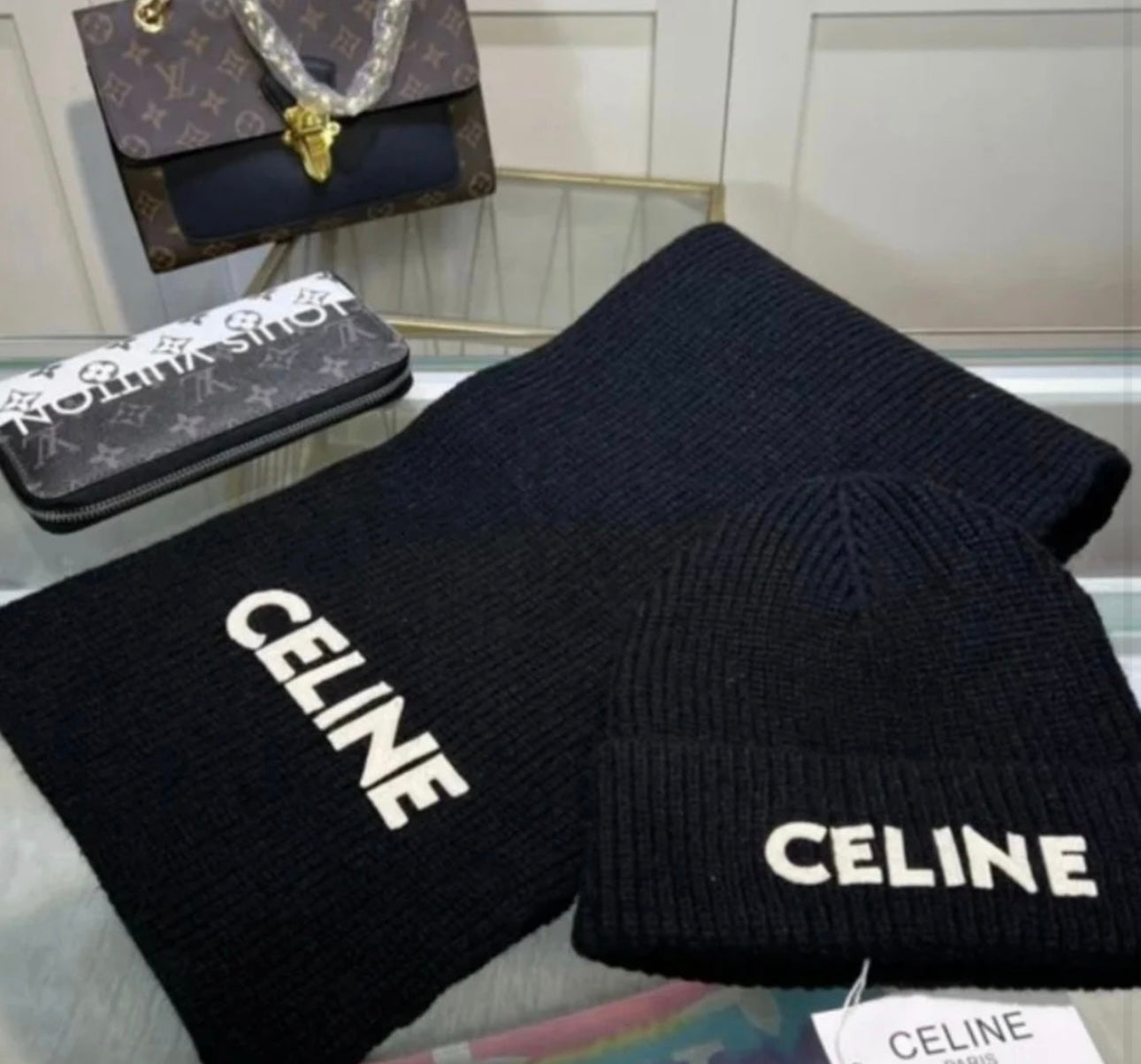 Black hat and scarf set in stock