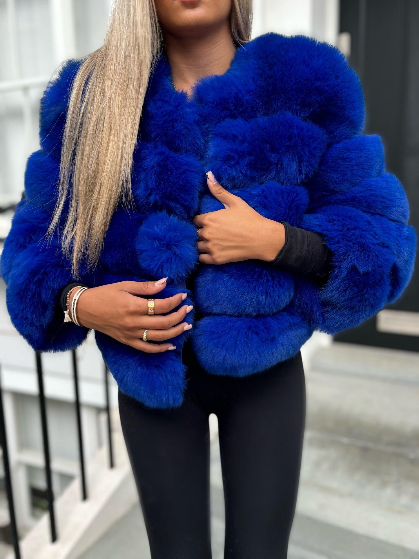 Royal blue fox fur coat in stock