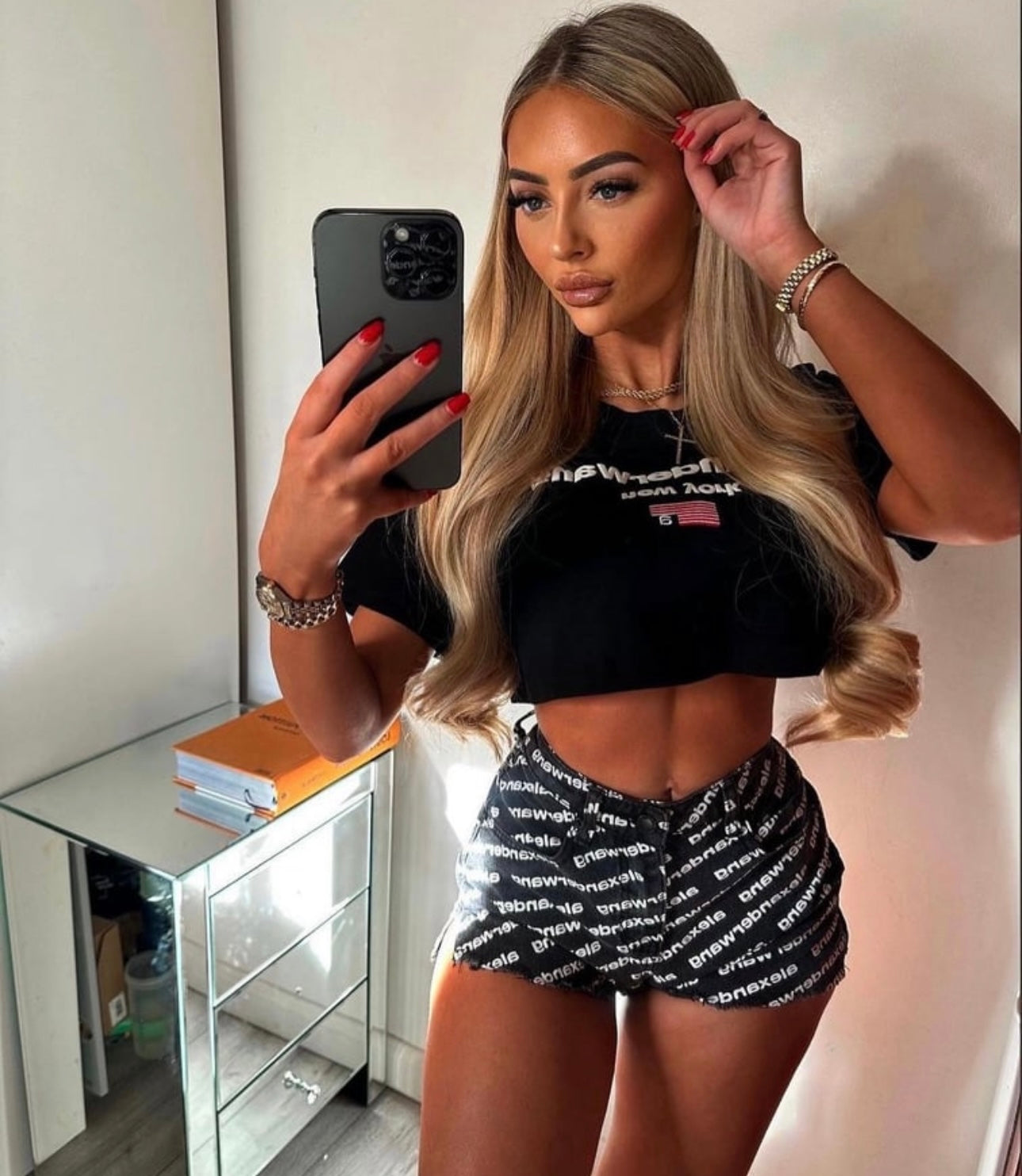 Black denim shorts