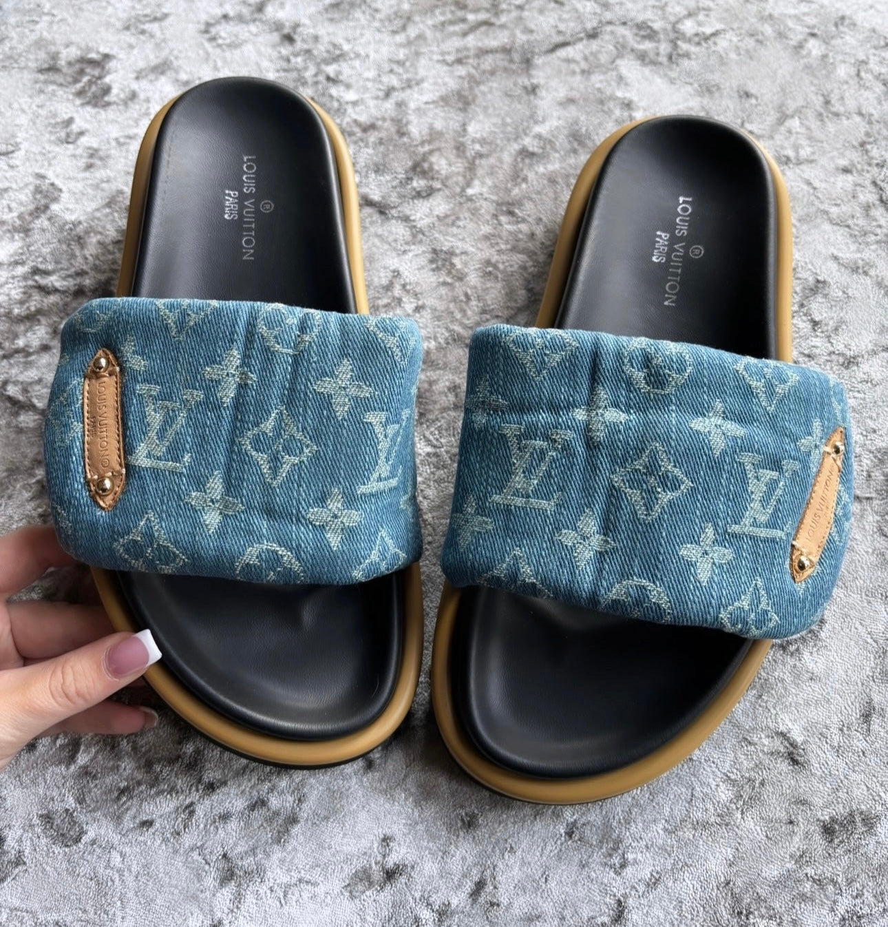 Blue denim sliders in stock