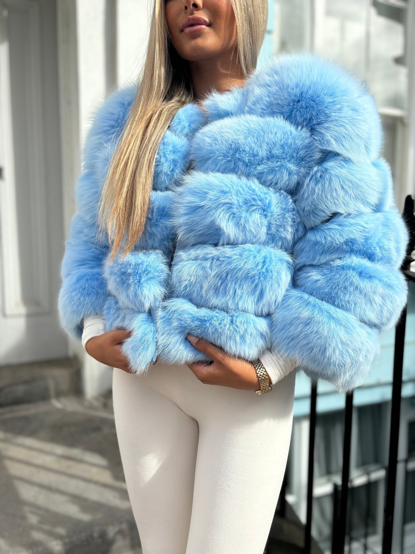 Baby blue fox fur coat