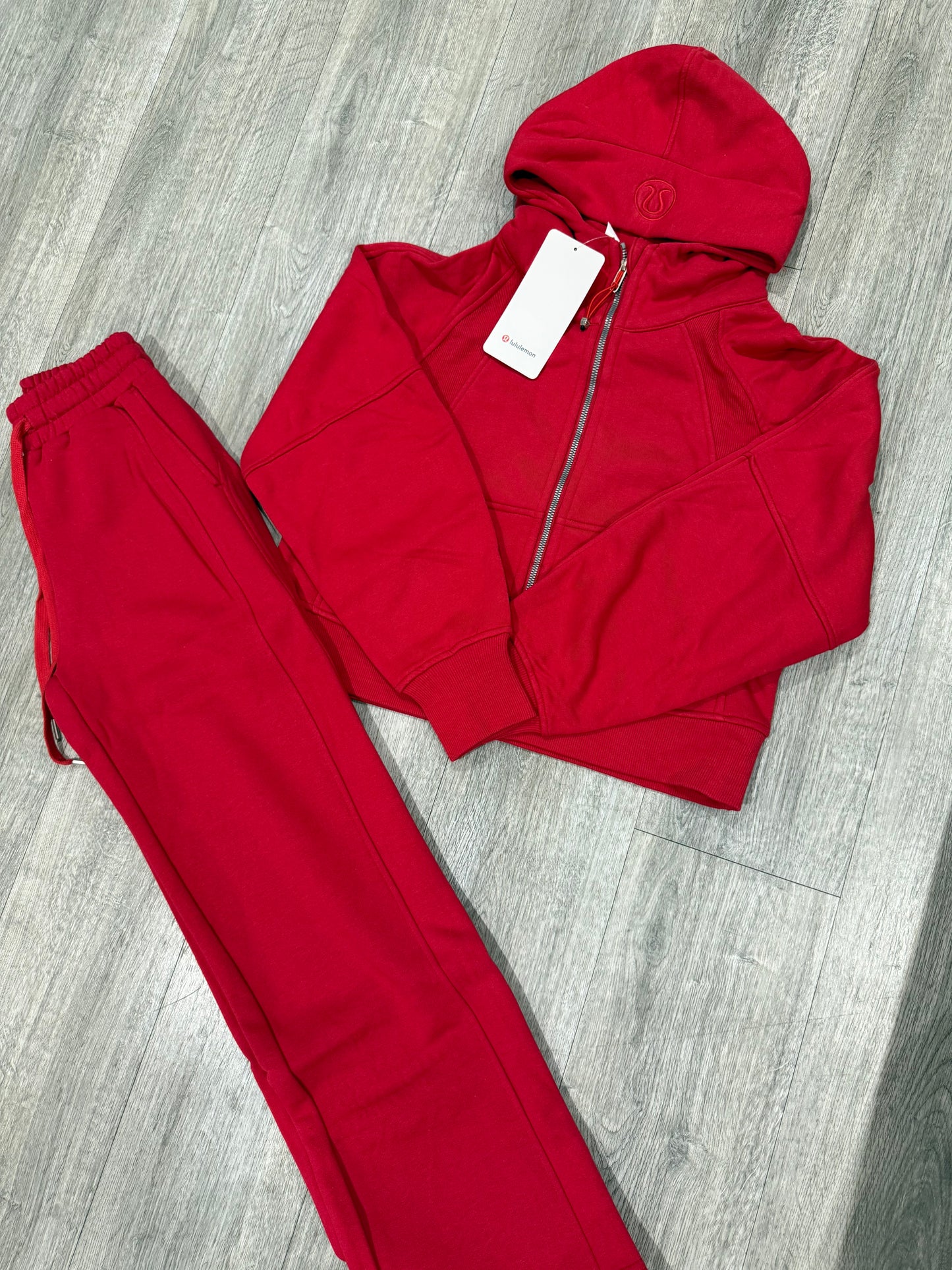 Red hooded tracksuit