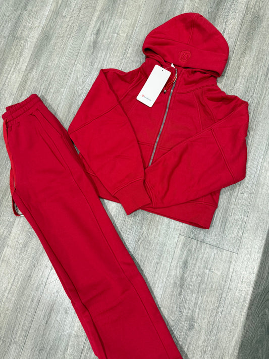 Red hooded tracksuit