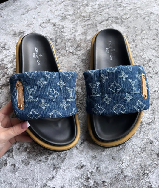 Dark denim sliders in stock