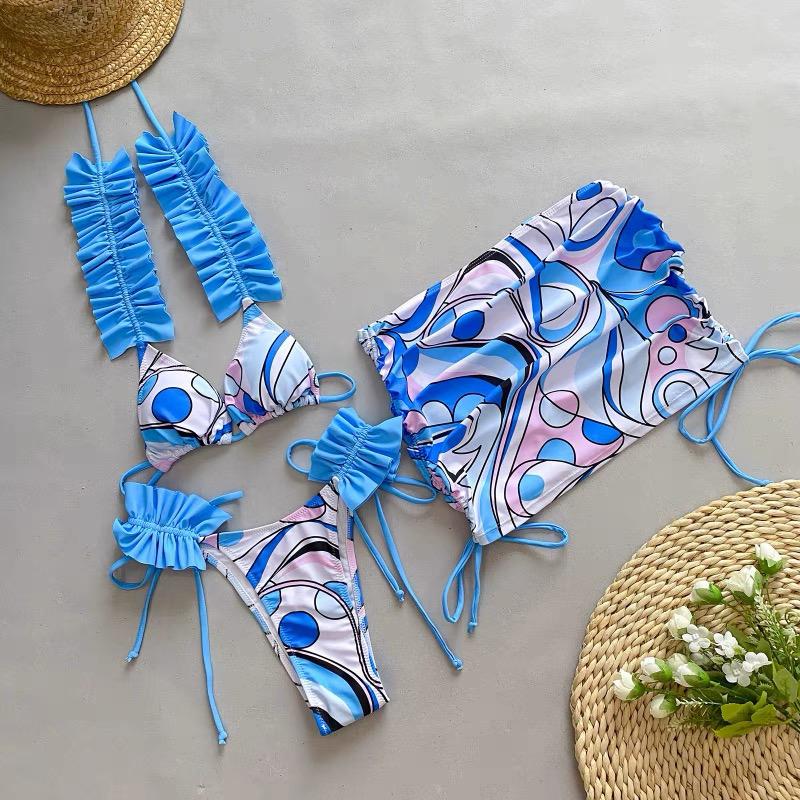 Baby blue ruffle 3 piece bikini set