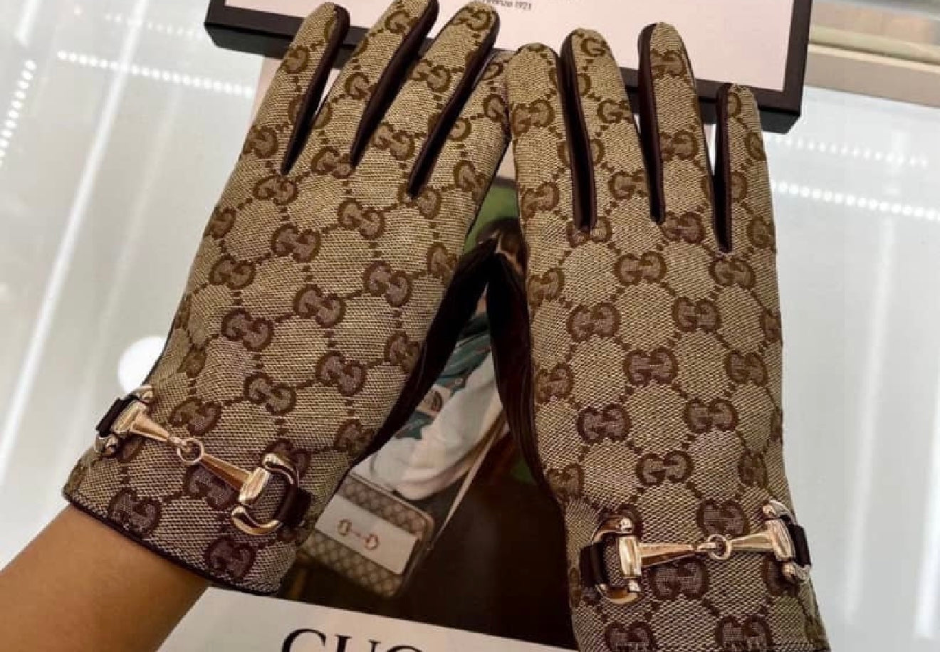 Beige & black gloves