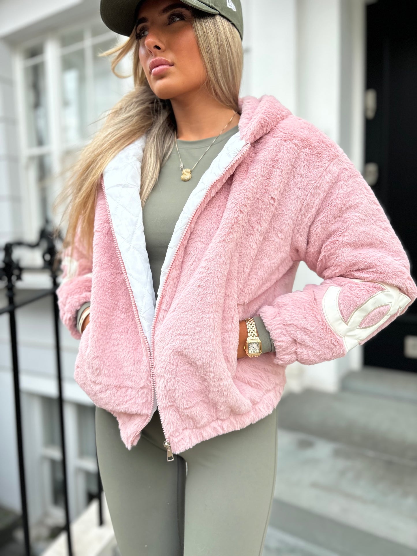 pink fleece jacket