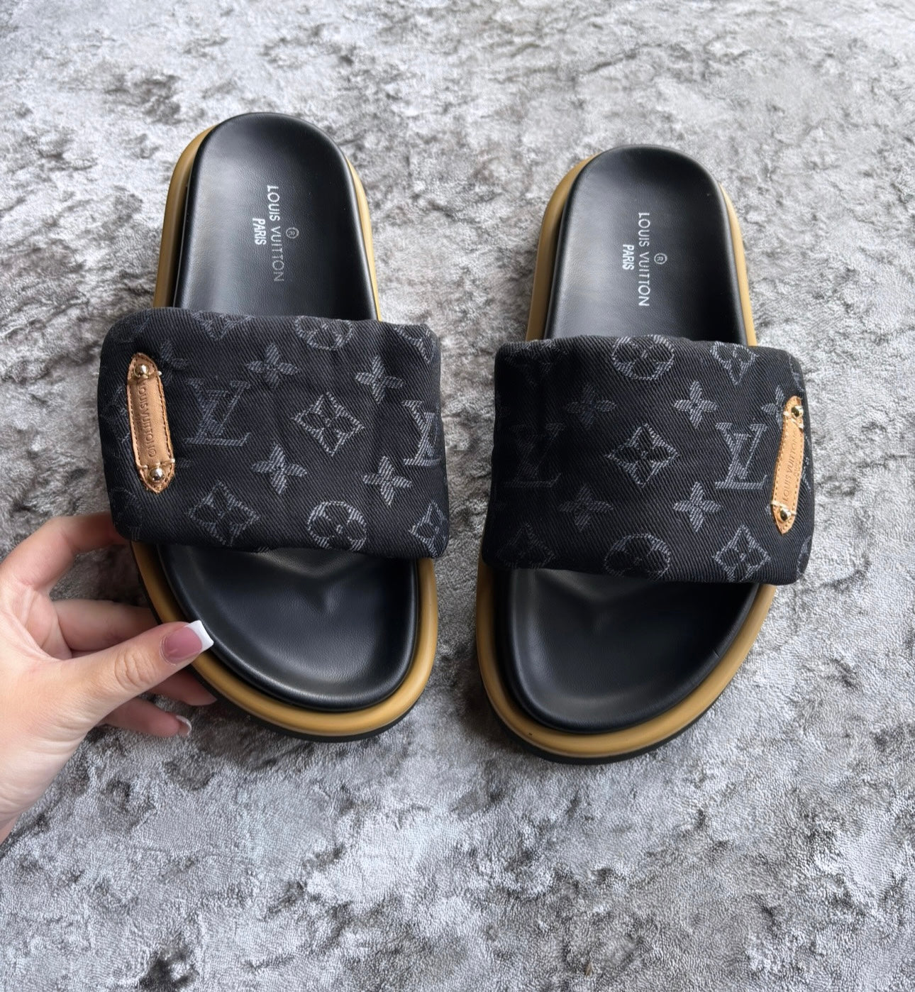 Black denim sliders