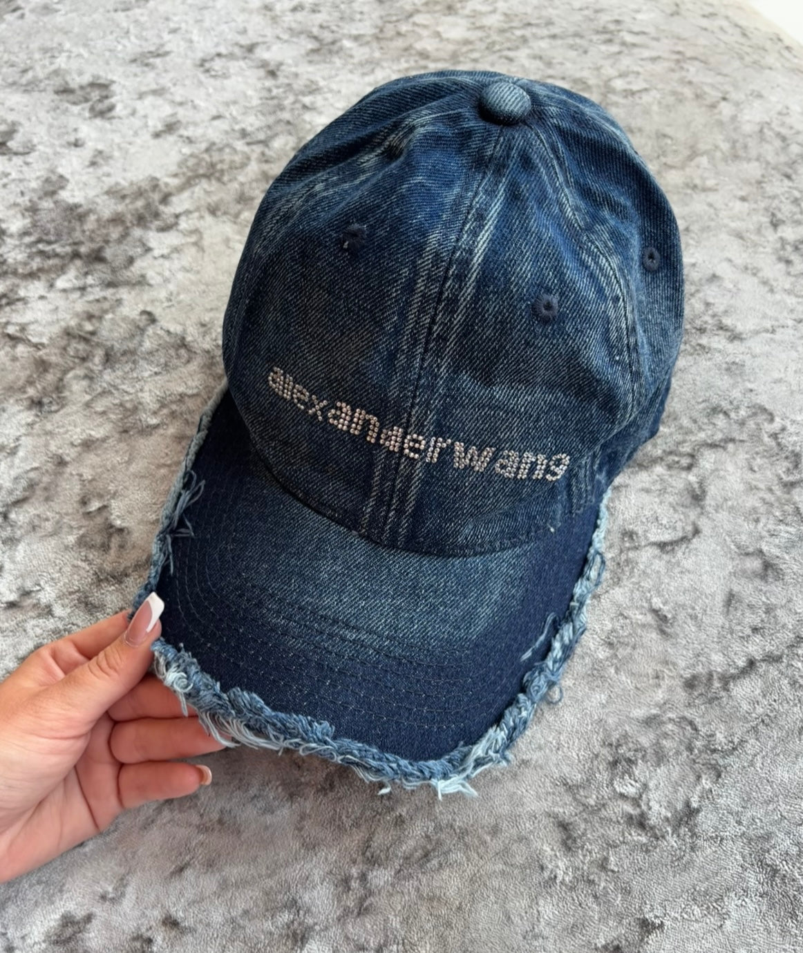 Distressed denim cap