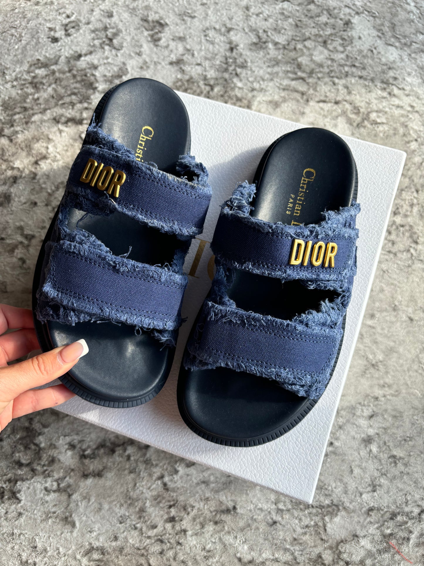 Navy blue distressed slides