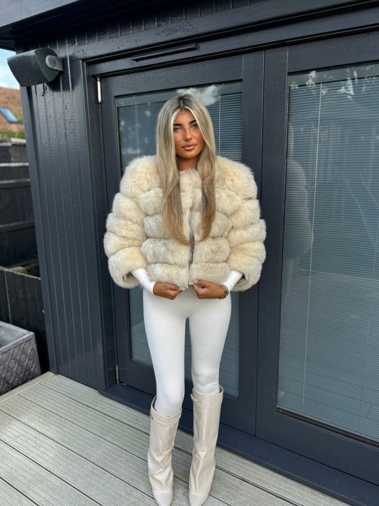 Cream cropped fox fur coat