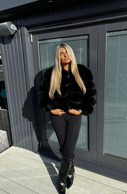 Black cropped fox fur coat