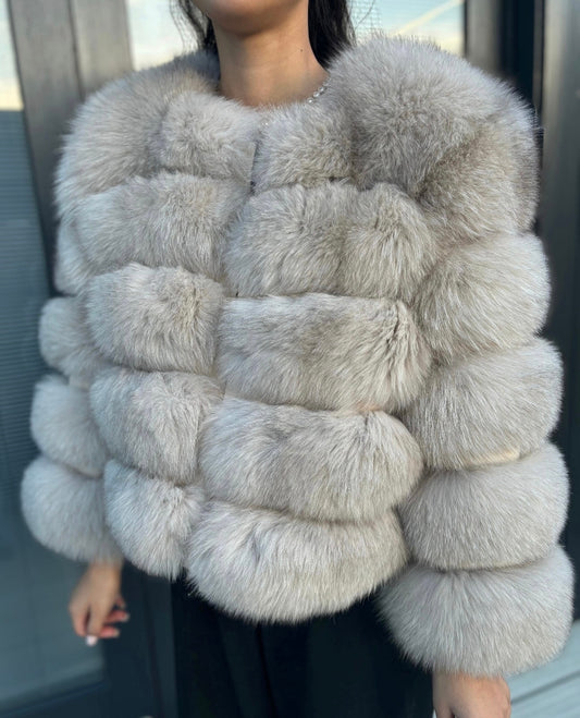 Dove grey fox fur coat in stock