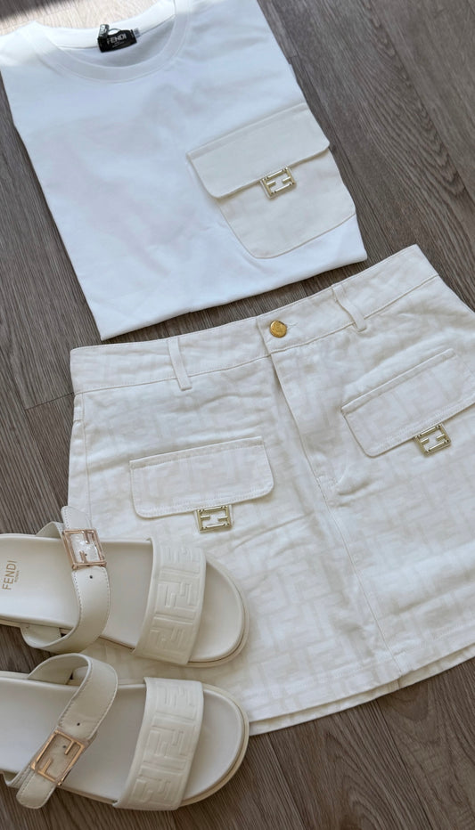 Cream T’shirt & Denim Skirt Set