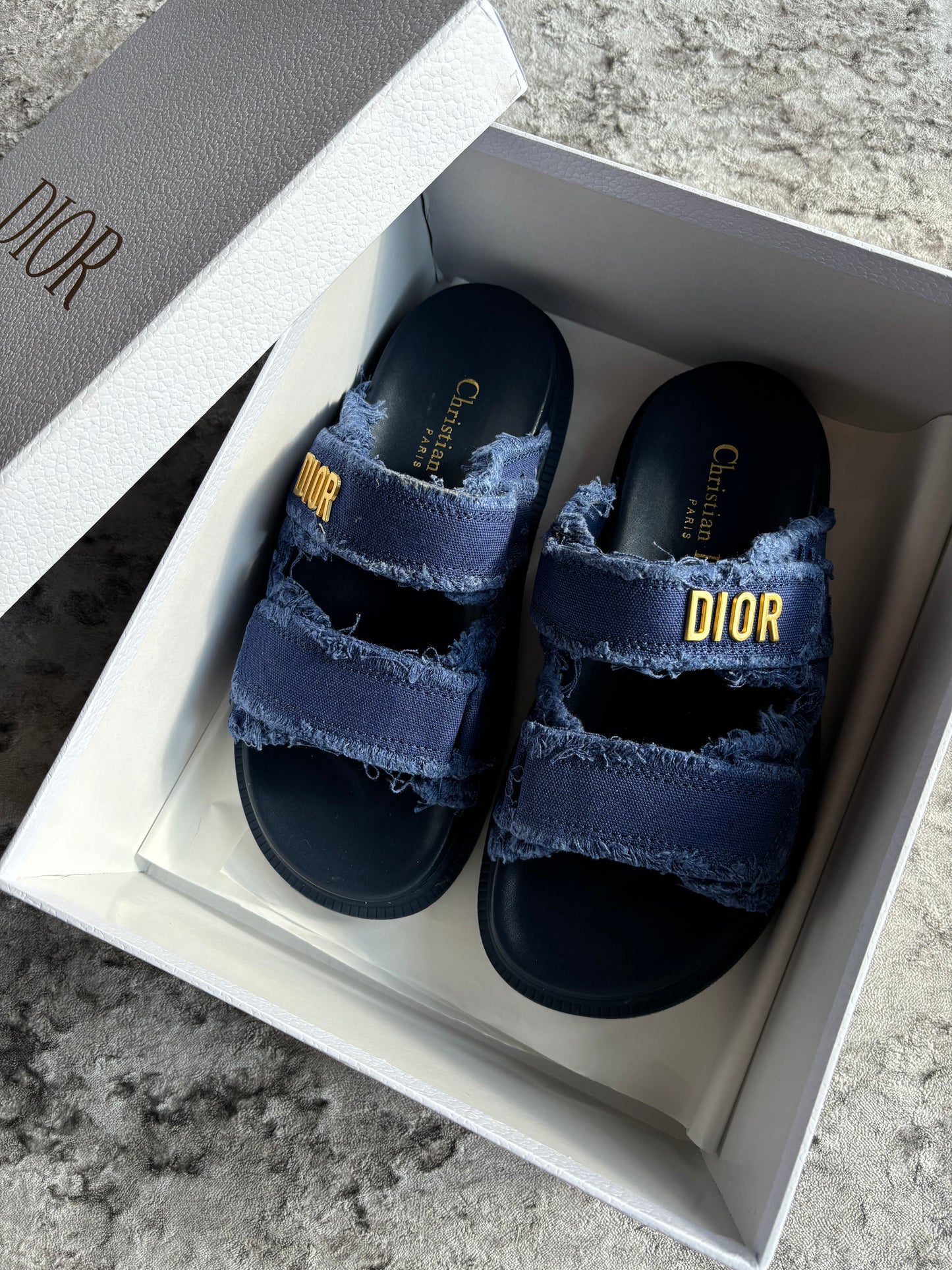 Navy blue distressed slides